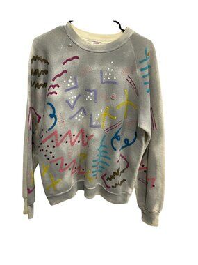 Russell Large Vintage 80s Gray Sweatshirt Abstract Colorful Graphics Retro Camp